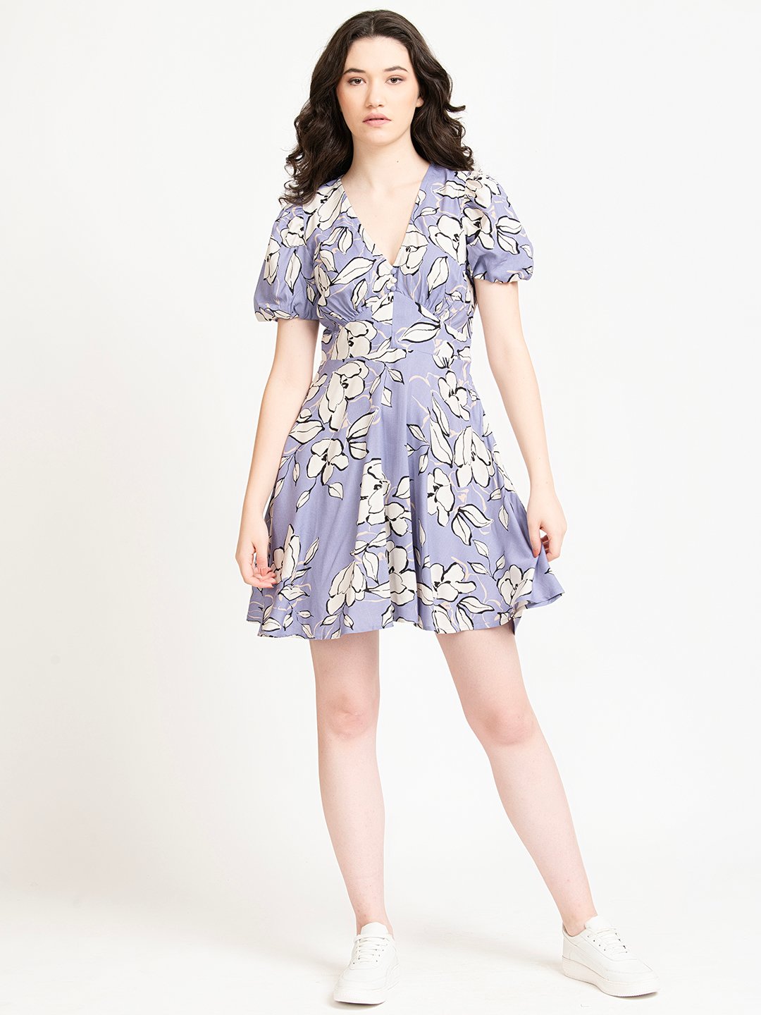 Lavender Floral Print V neck Fit & Flare Waist Yoke Dress