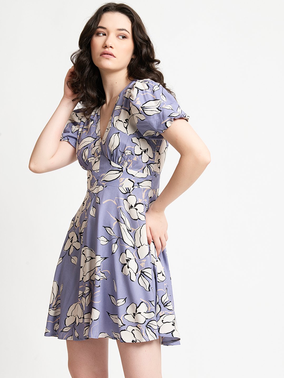 Lavender Floral Print V neck Fit & Flare Waist Yoke Dress