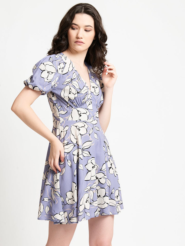 Lavender Floral Print V neck Fit & Flare Waist Yoke Dress