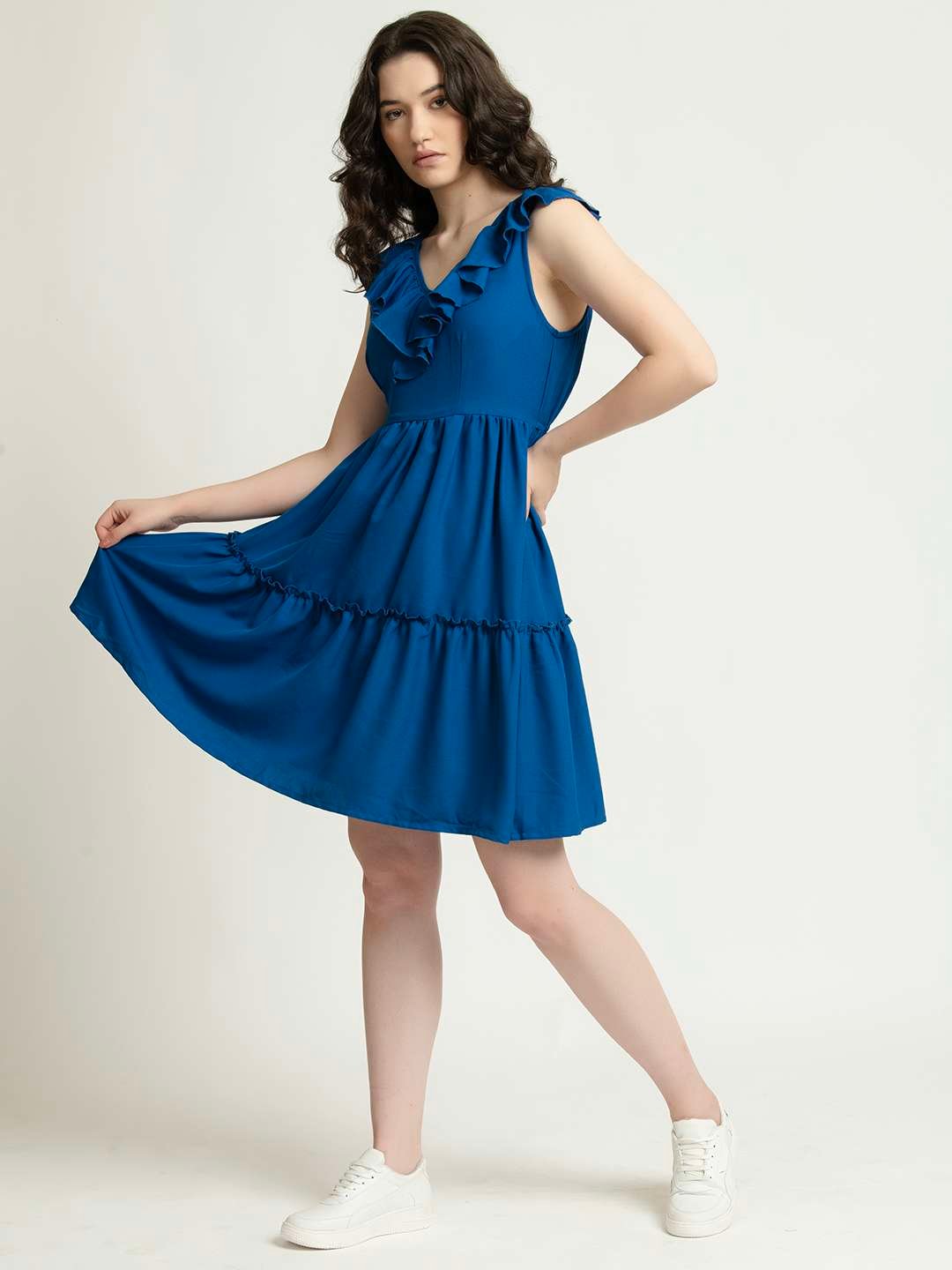 Blue Ruffled Back Cutout Short Dress