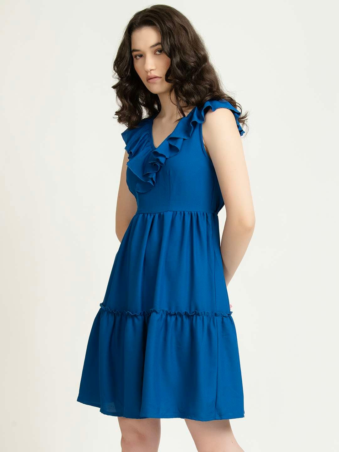 Blue Ruffled Back Cutout Short Dress