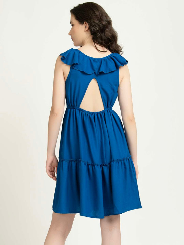 Blue Ruffled Back Cutout Short Dress