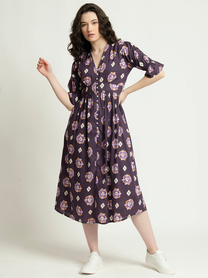 Deep Violet Button down V neck Midi Fit and Flare Dress