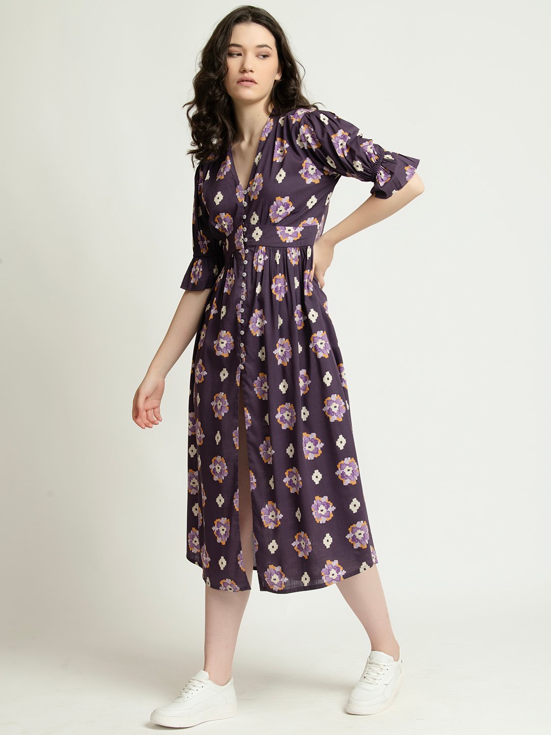 Deep Violet Button down V neck Midi Fit and Flare Dress