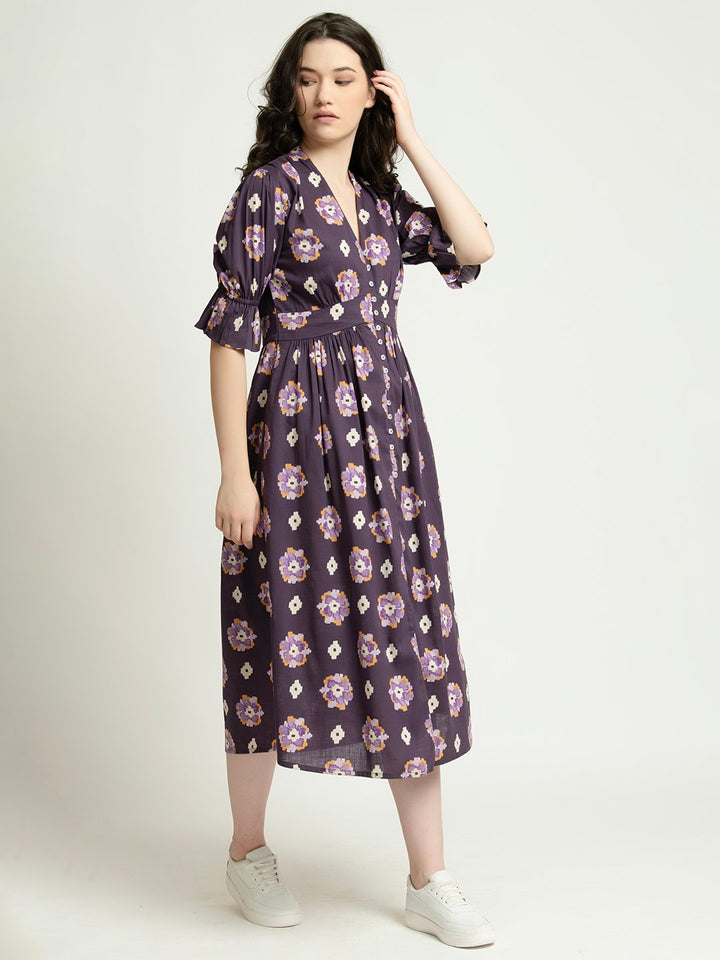 Deep Violet Button down V neck Midi Fit and Flare Dress