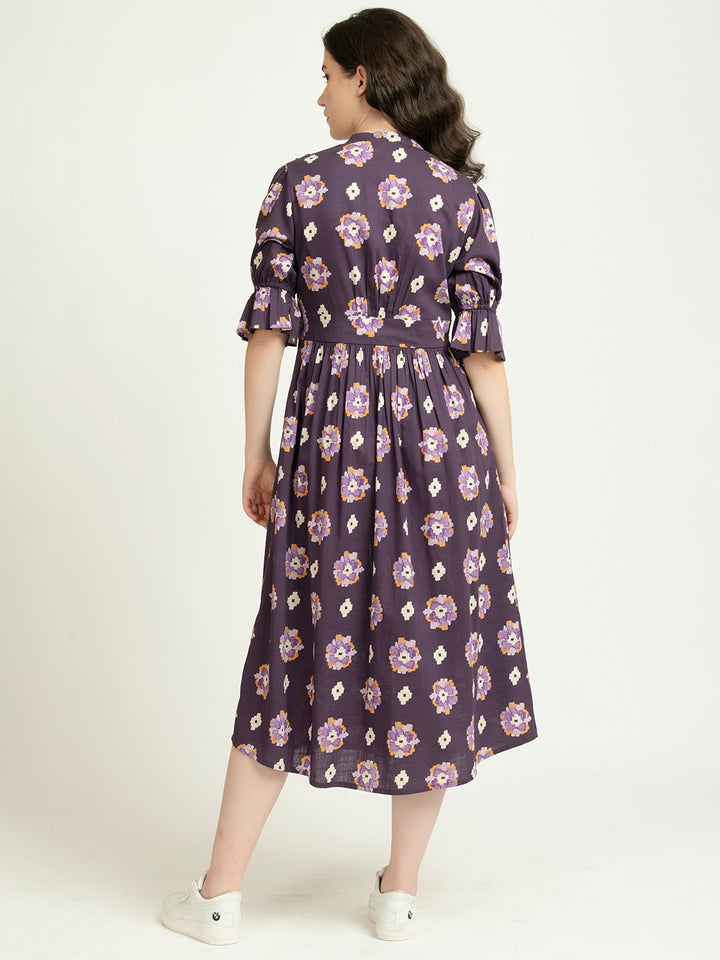 Deep Violet Button down V neck Midi Fit and Flare Dress