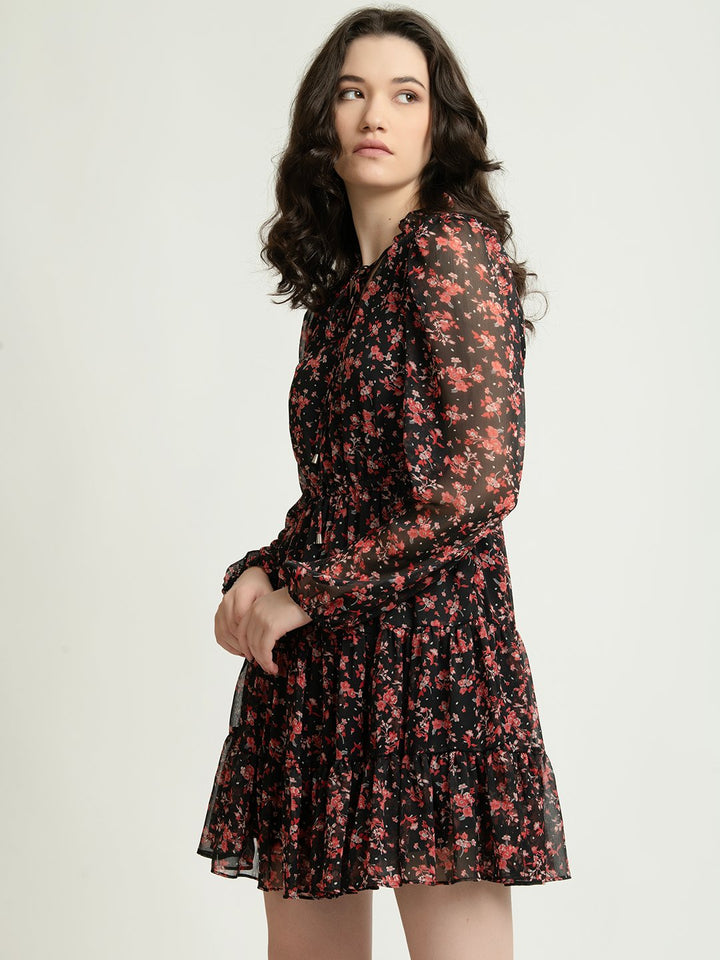 Black and Red Floral Mini Dress with Sheer Full Sleeves