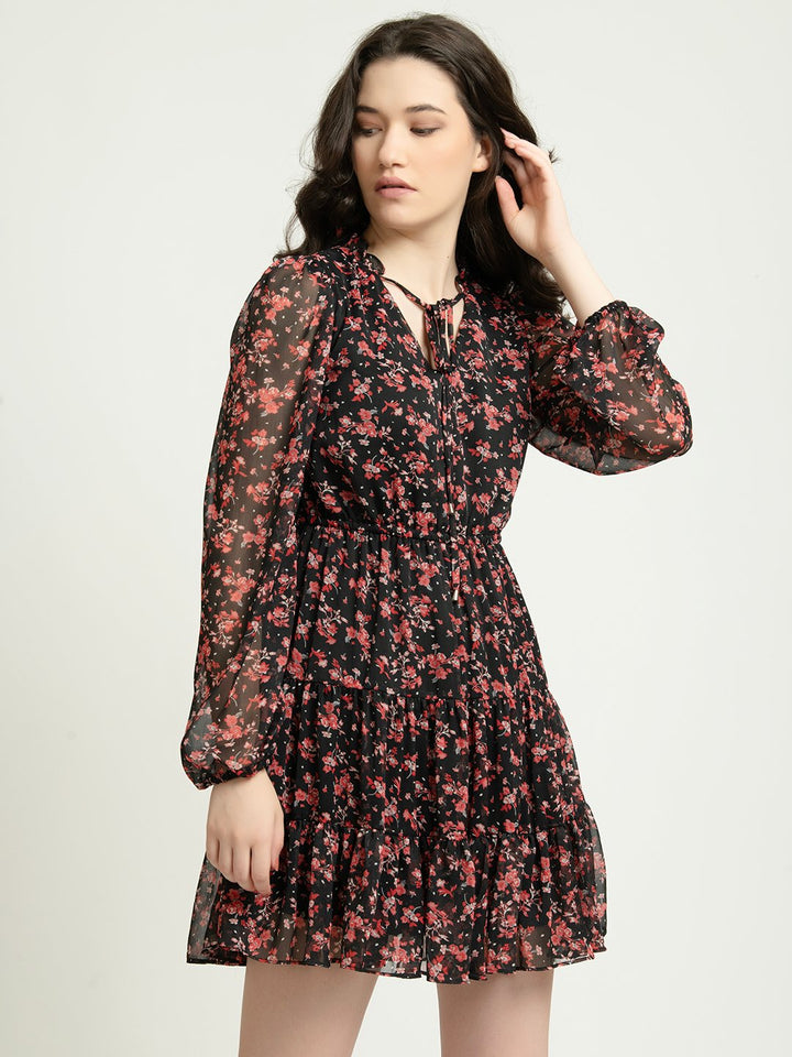 Black and Red Floral Mini Dress with Sheer Full Sleeves