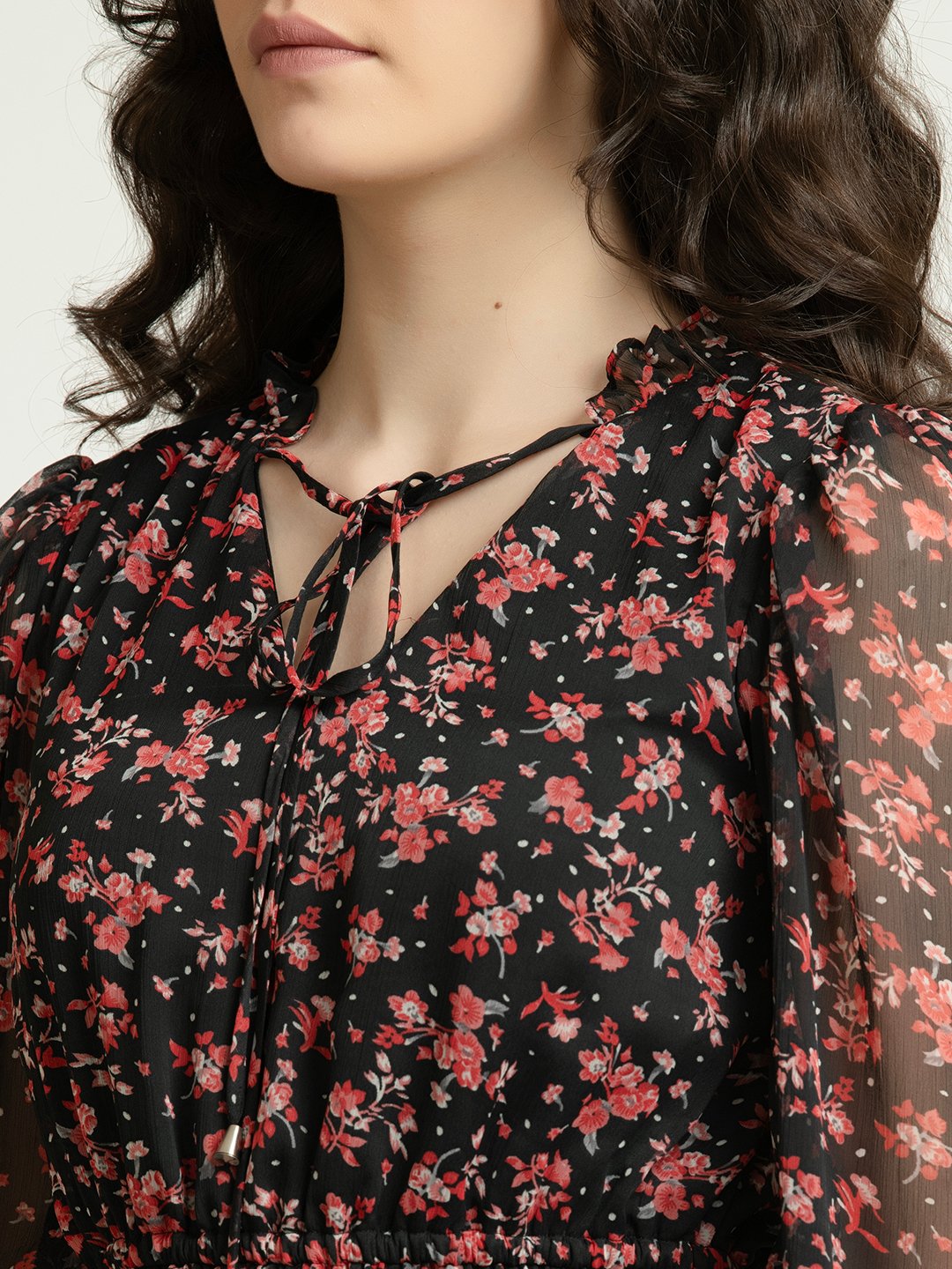 Black and Red Floral Mini Dress with Sheer Full Sleeves