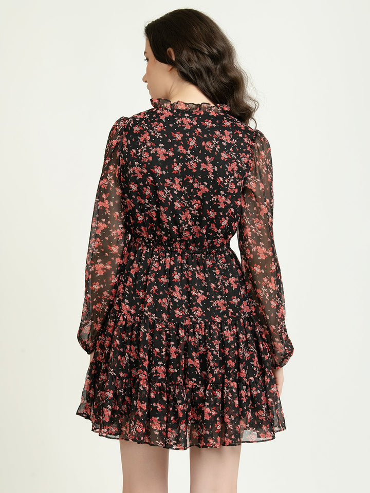 Black and Red Floral Mini Dress with Sheer Full Sleeves