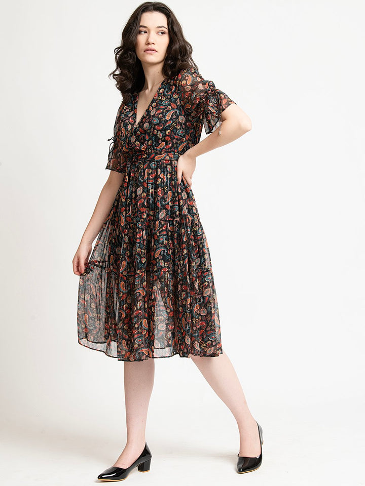 Black Floral Lurex V Neck Part Dress