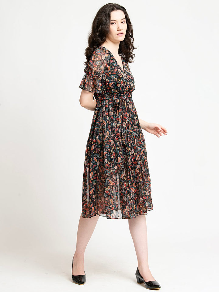 Black Floral Lurex V Neck Part Dress