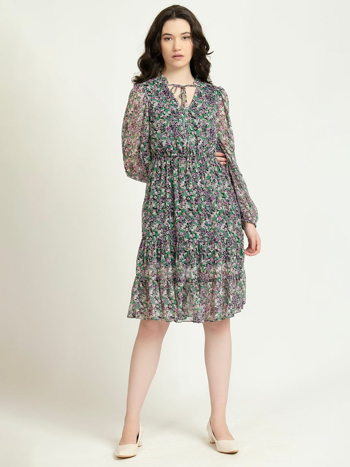 Multifloral V neck Knee Length Dress Sheer Full Sleeves