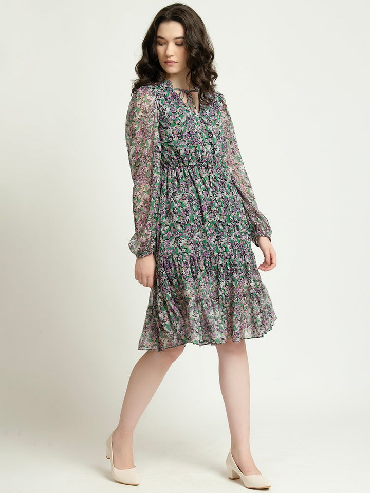 Multifloral V neck Knee Length Dress Sheer Full Sleeves