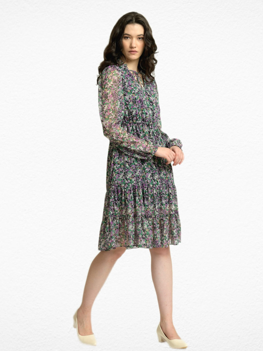 Multifloral V neck Knee Length Dress Sheer Full Sleeves