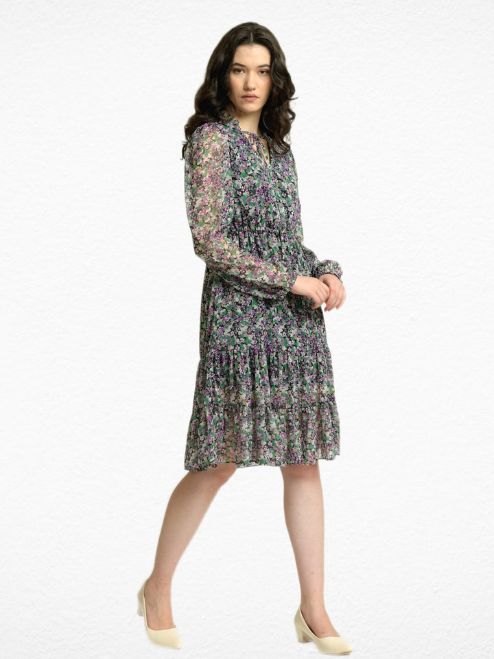 Multifloral V neck Knee Length Dress Sheer Full Sleeves