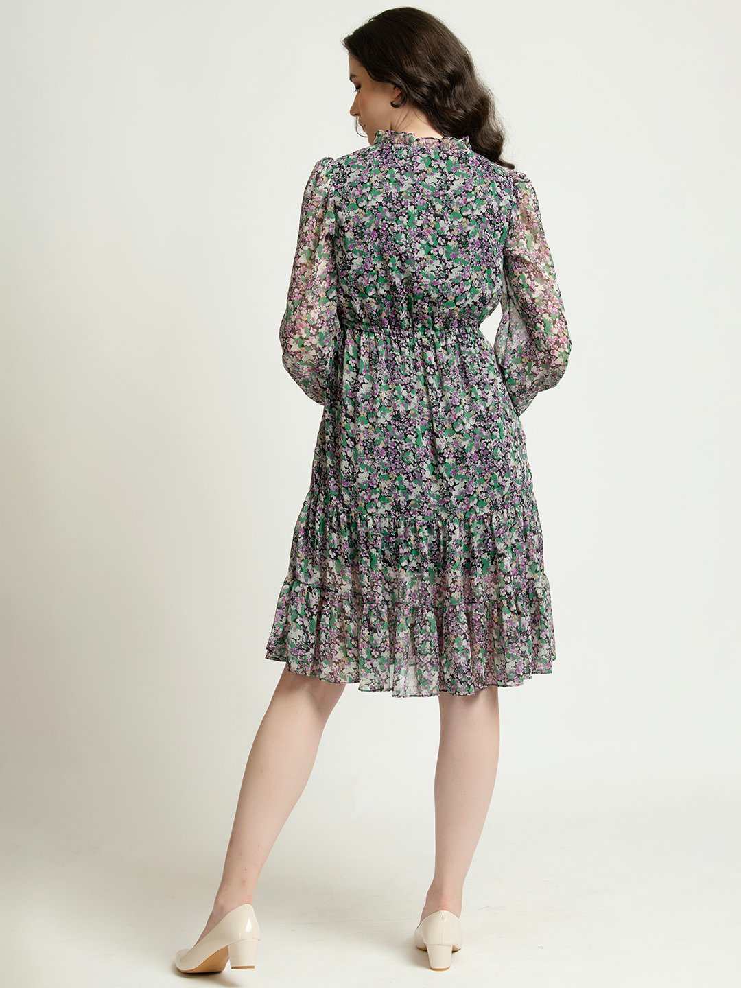 Multifloral V neck Knee Length Dress Sheer Full Sleeves