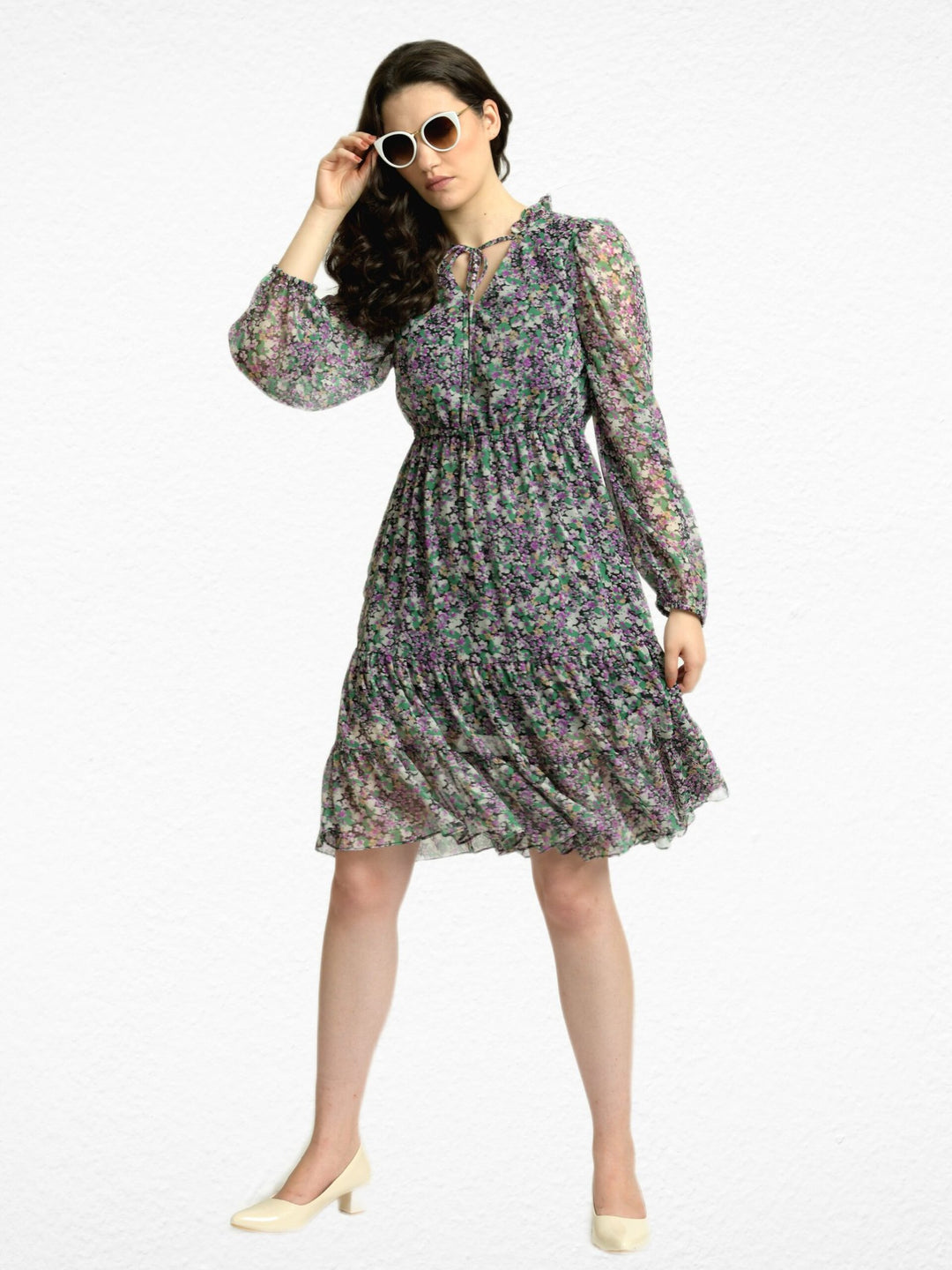 Multifloral V neck Knee Length Dress Sheer Full Sleeves