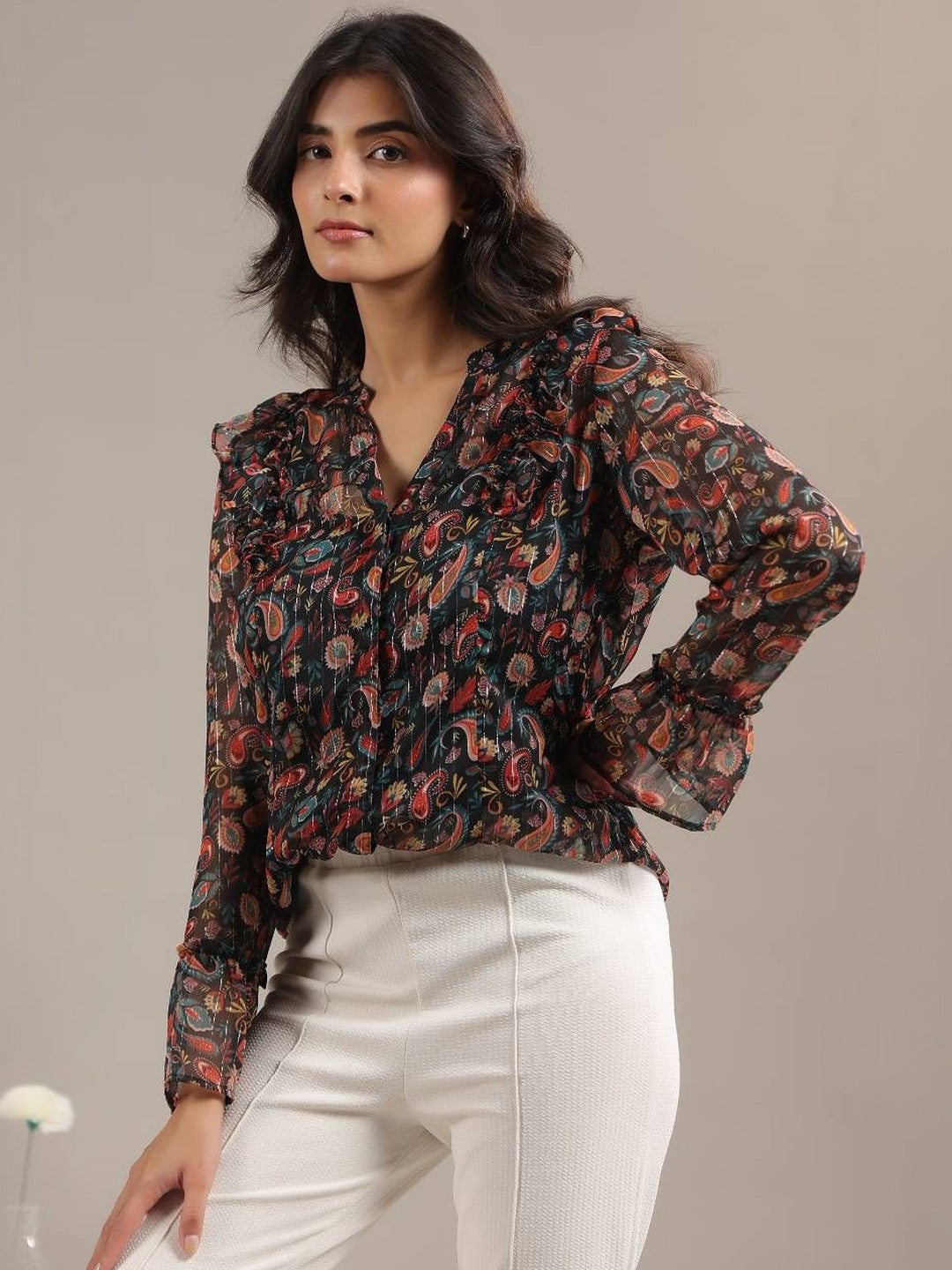 floral print shirt womens - model closer look 