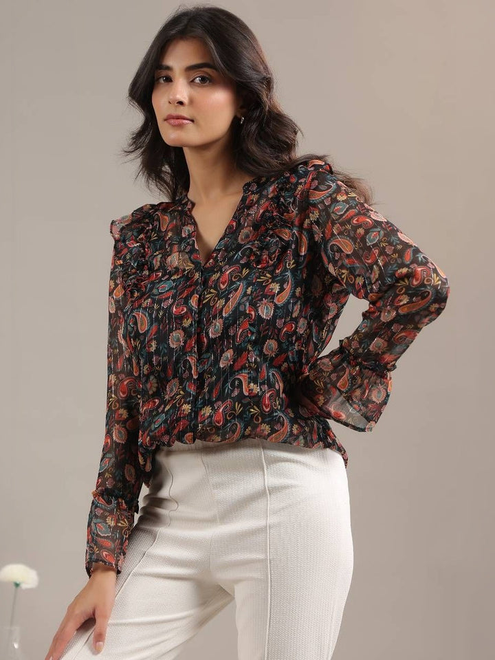 floral print shirt womens - model closer look 