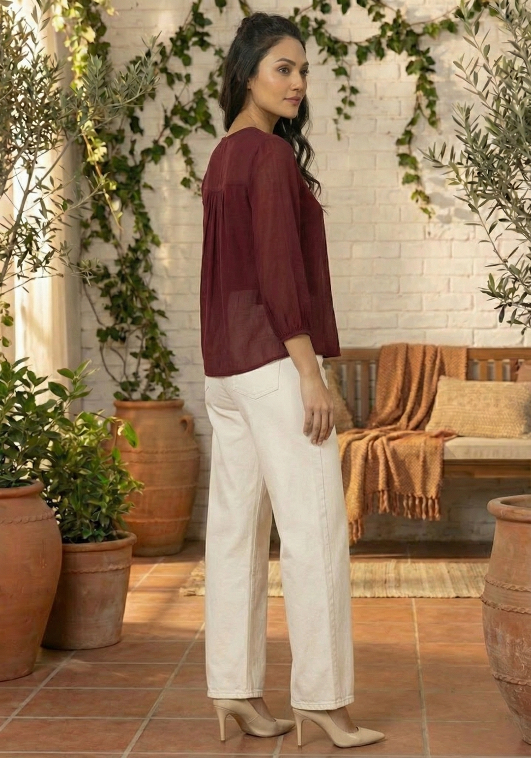 Cardinal Red Georgette Solid Workwear Top