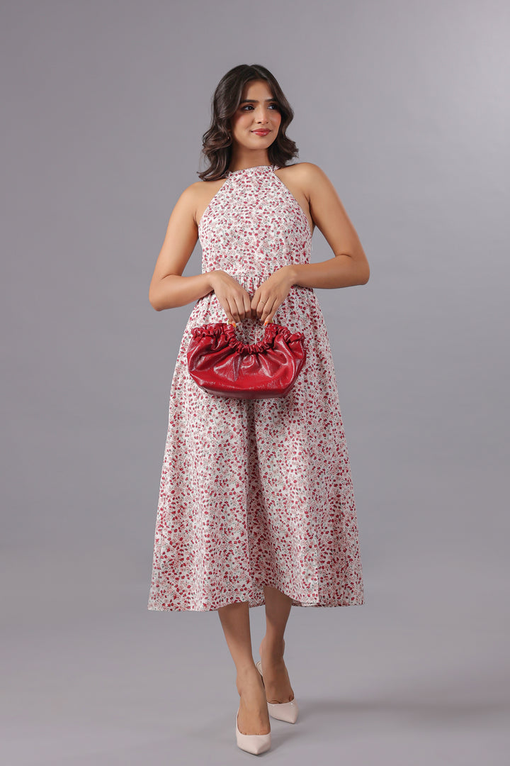 Red Floral Midi Dress With Slit in Ditsy Floral