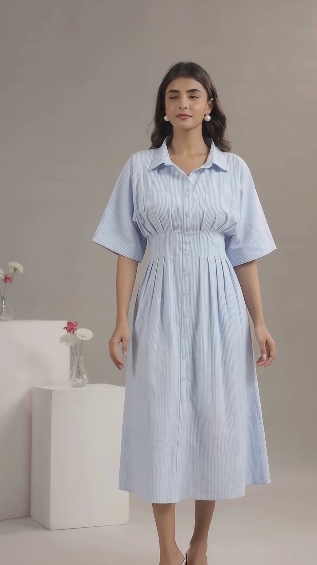 White &amp; Blue Cinched Waist Shirt Dress