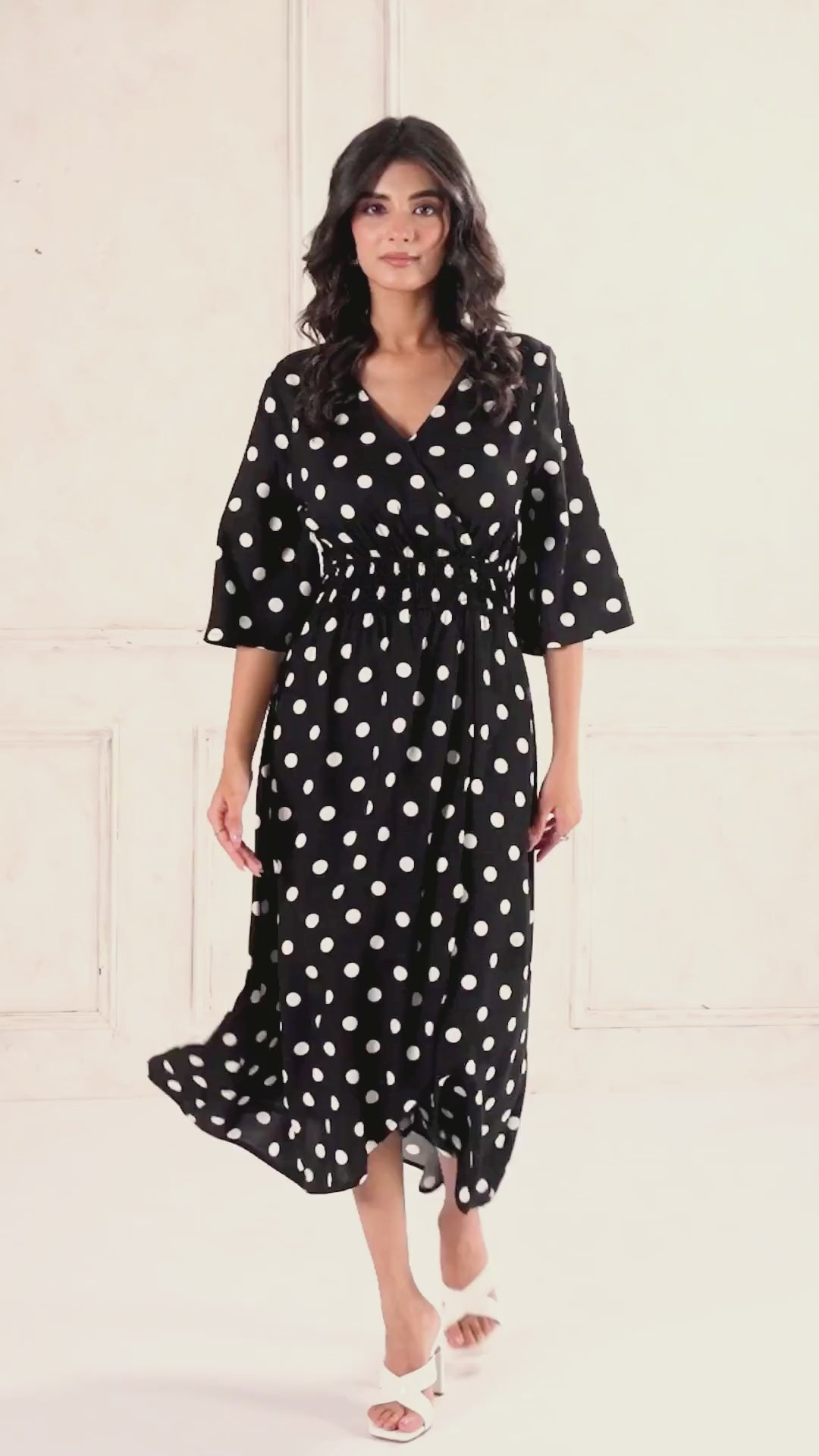 Black Polka Dot Print Smocked Waist Wrap Midi Dress