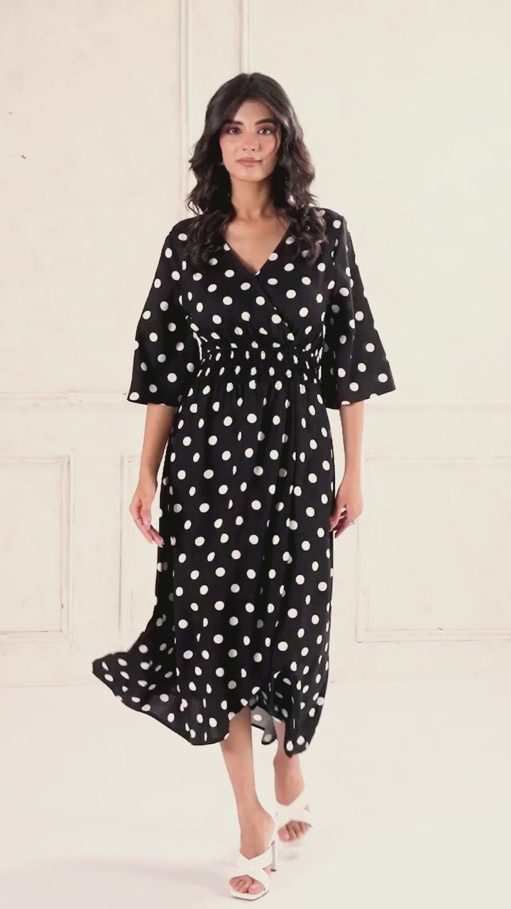 Black Polka Dot Print Smocked Waist Wrap Midi Dress