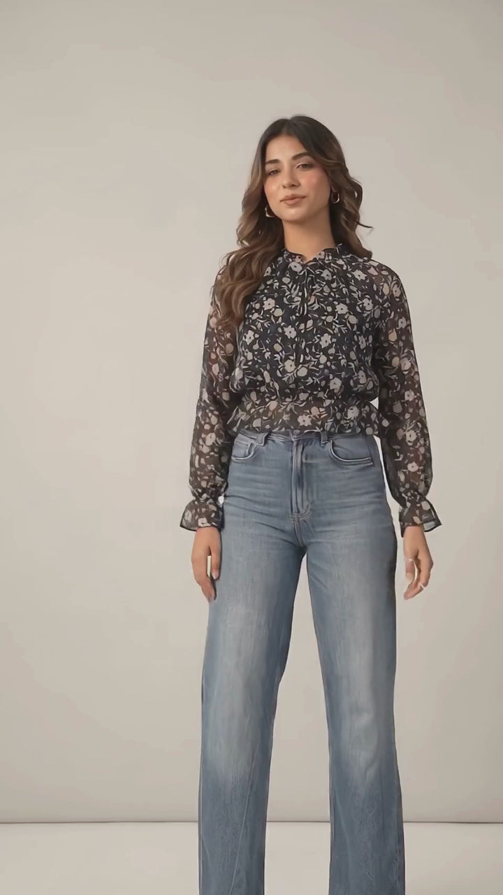 Black Floral Chiffon Lurex Crop Top