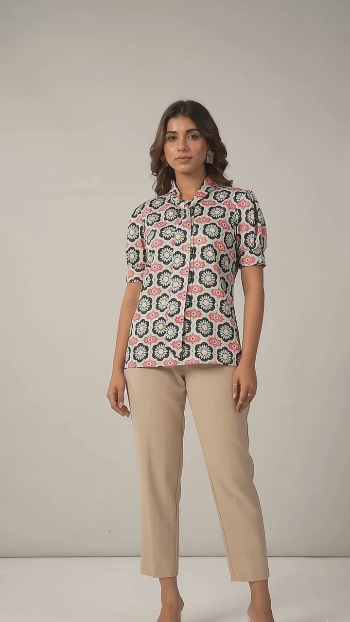 Multicolor Printed Tie-Up Neck Slim Fit Top