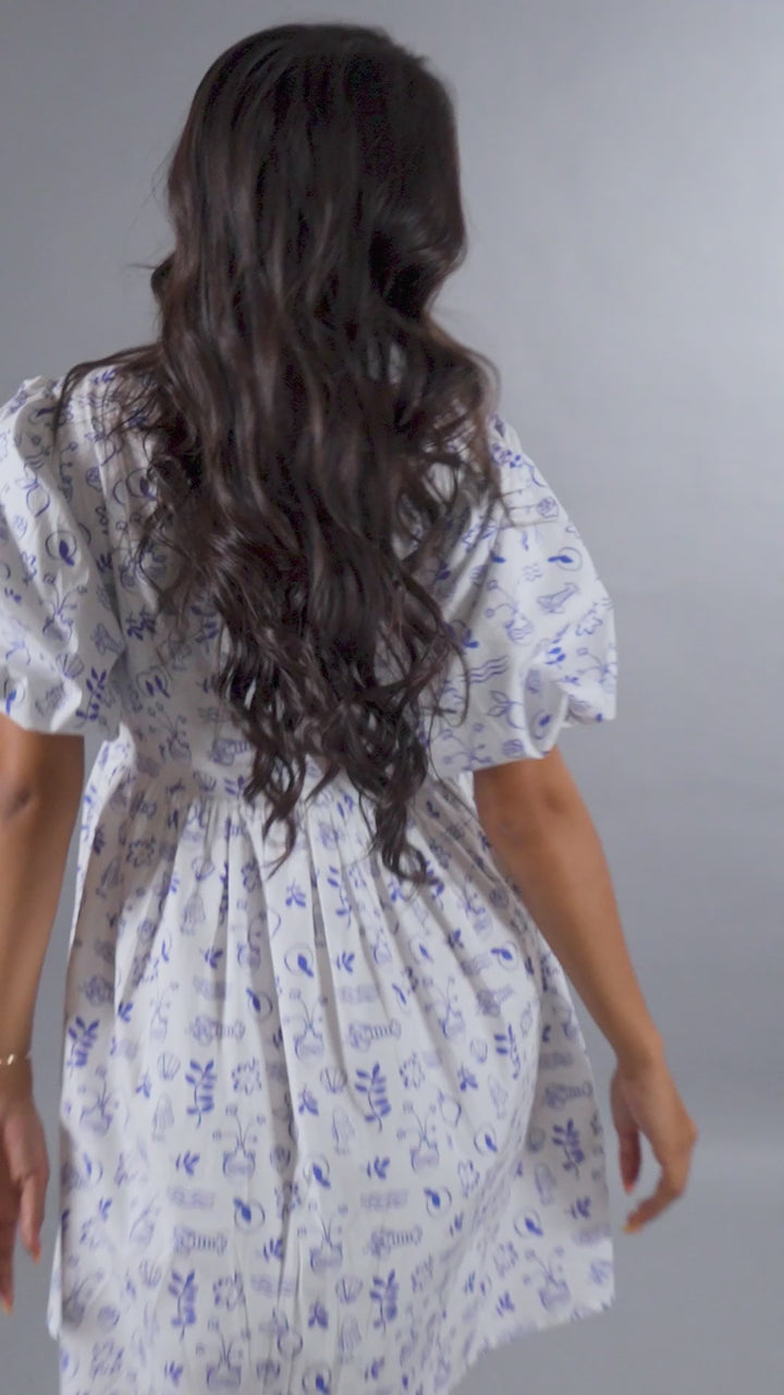Balloon Sleeve Mini Dress In Ocean Print