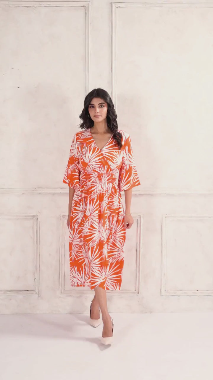 Orange Tropical Print Cinched Waist Midi Dress