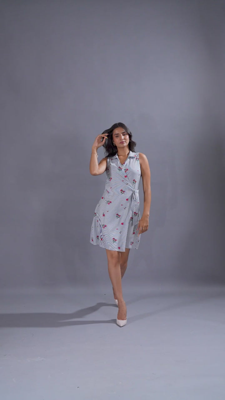 Wrap Mini Dress In Stripe and floral Print