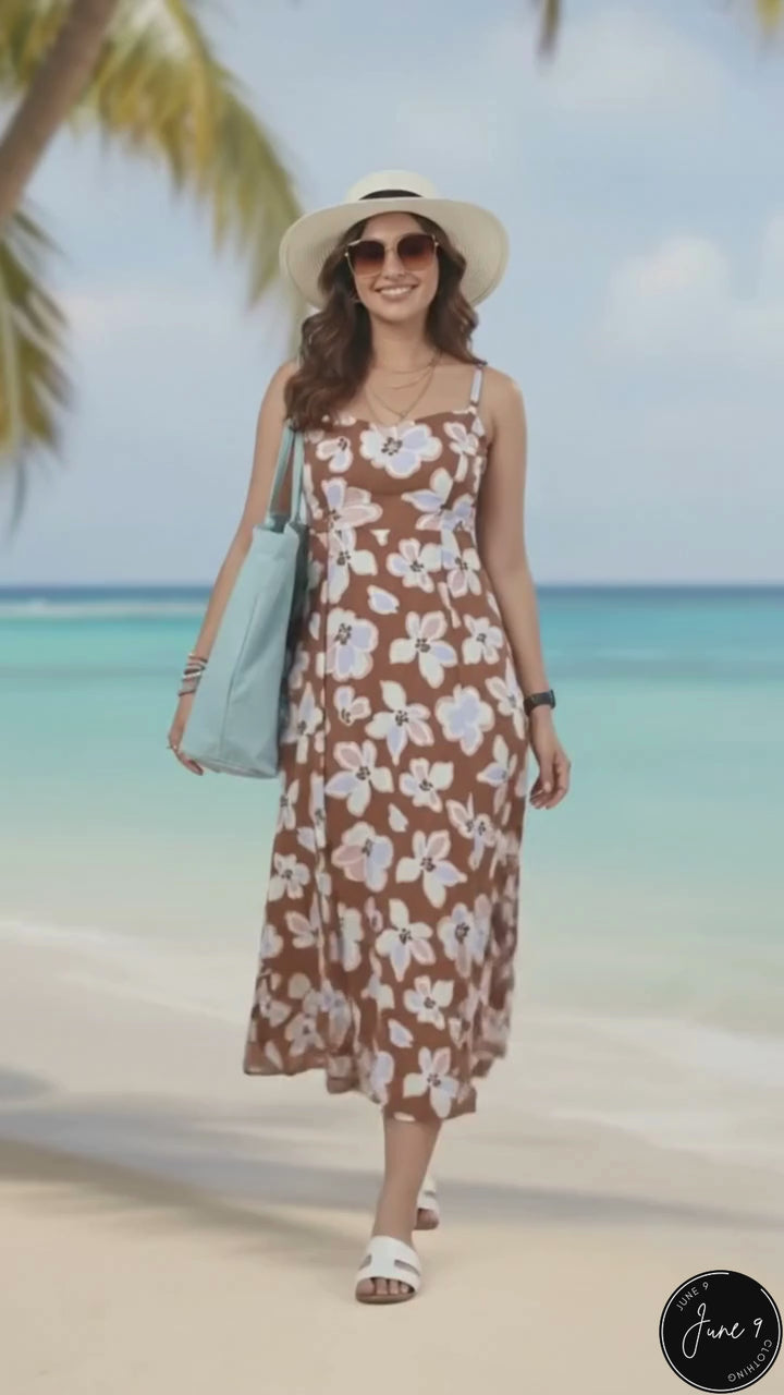Floral midi dress for women in flowy viscose flare silhouette shown in motion