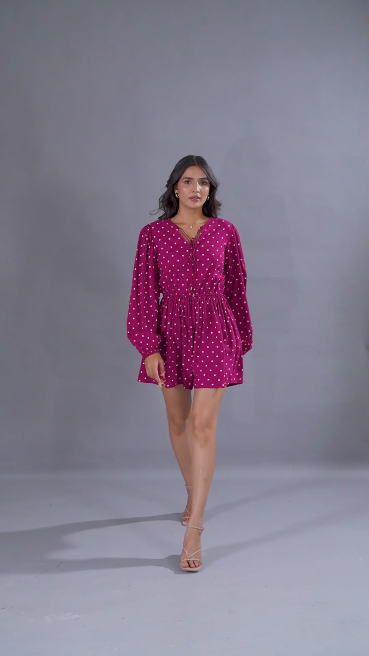 Magenta Polka Dot Printed Tie-Up Playsuit
