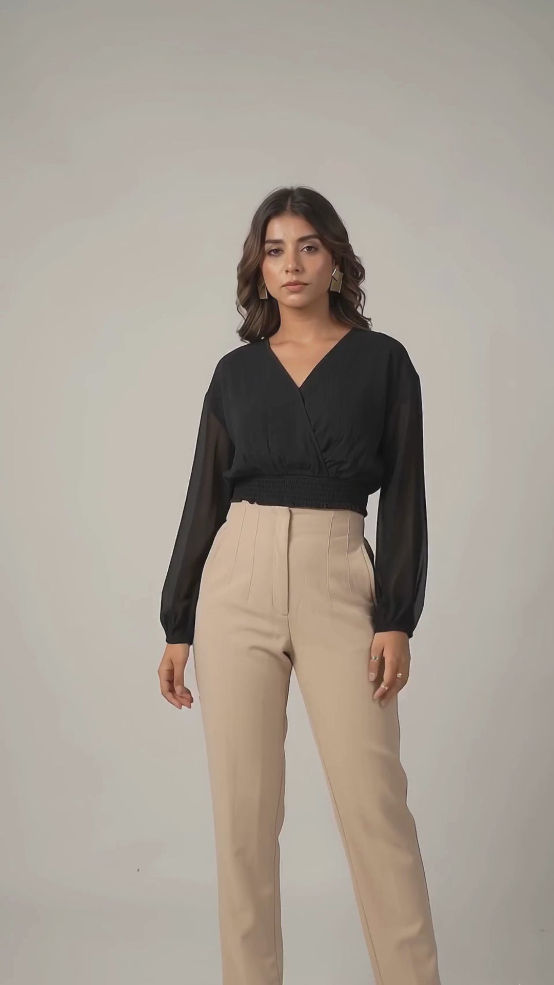 Black Chiffon Crop Top With Smocked Waist