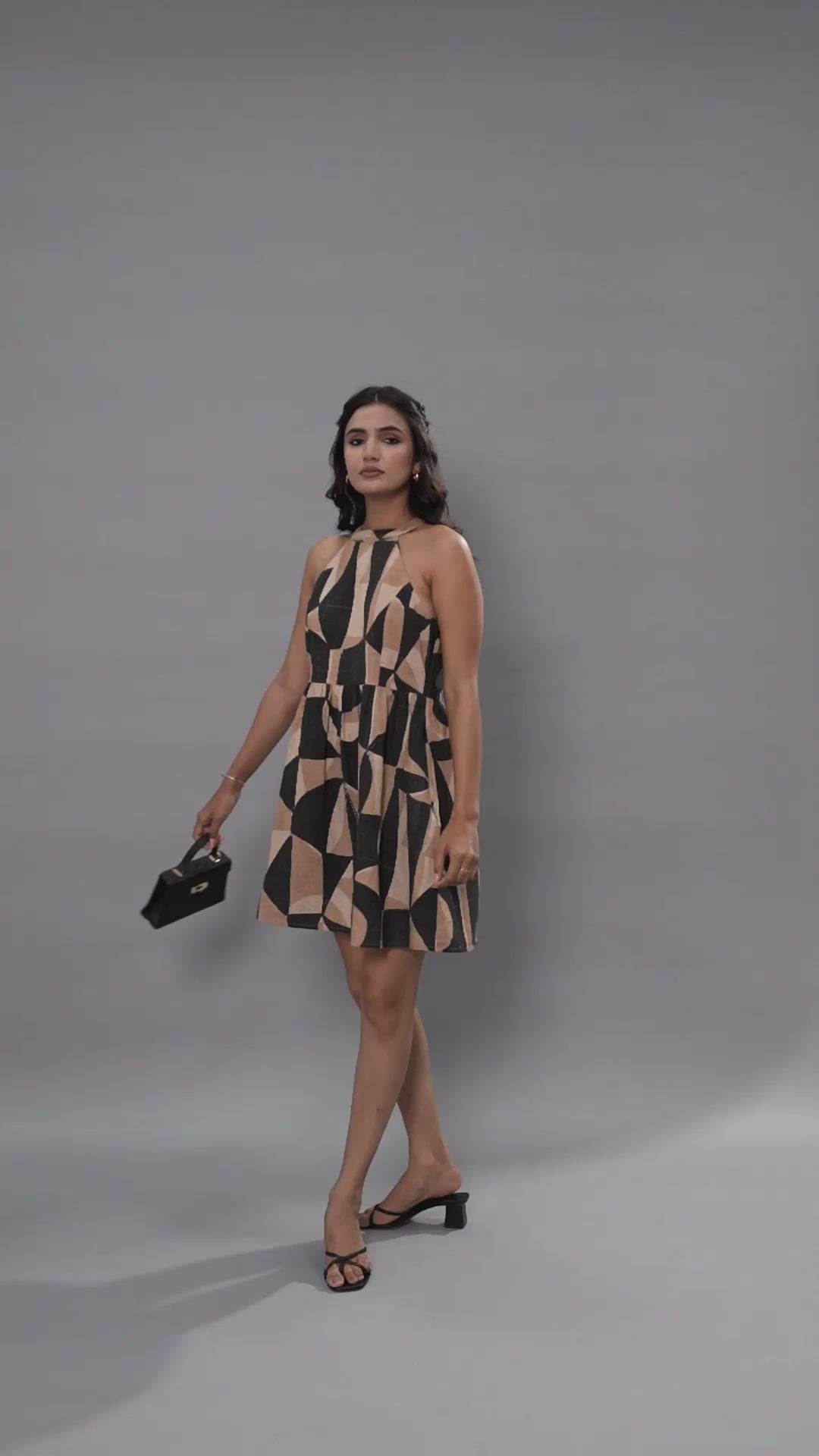 Textured Linen Geometric Print Halter Neck Summer Dress for women
