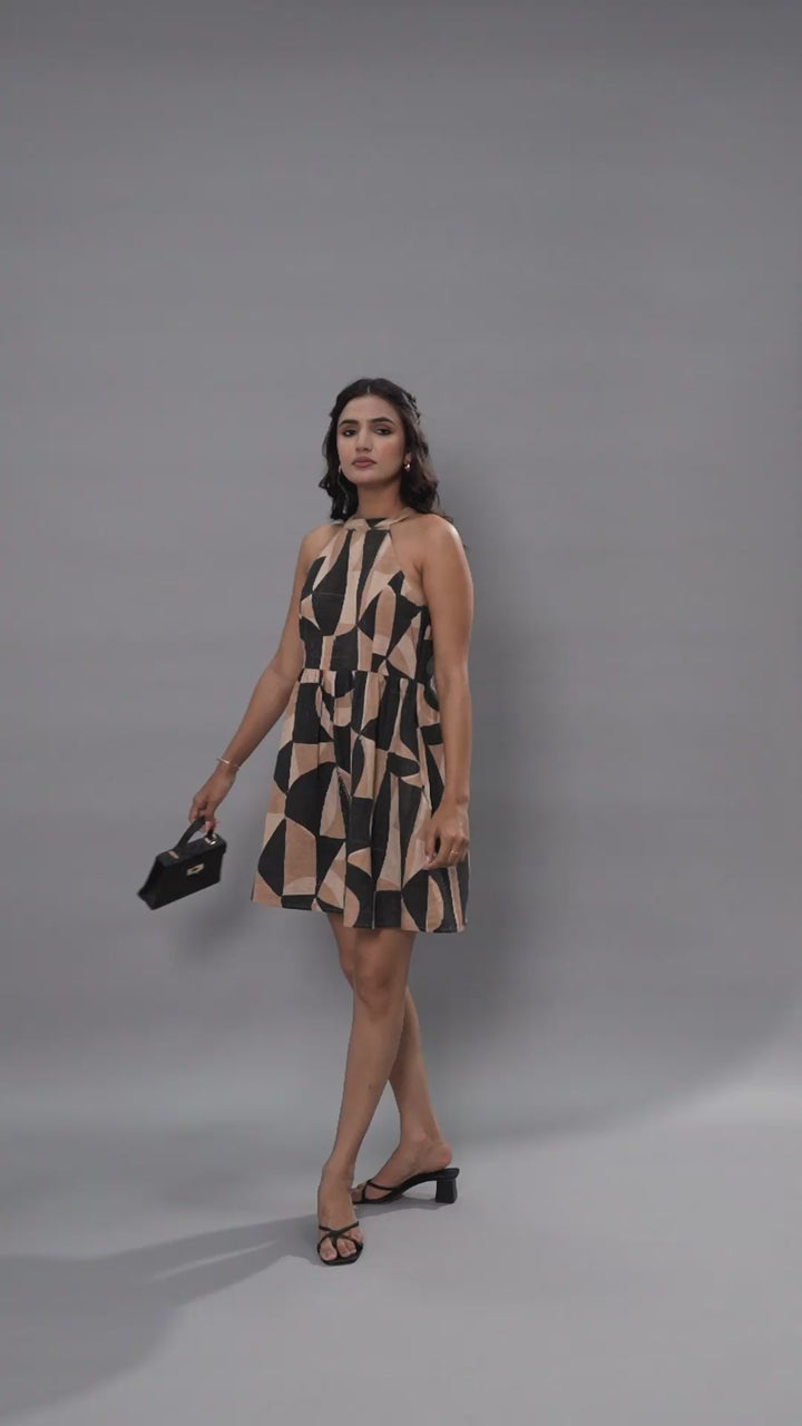 Textured Linen Geometric Print Halter Neck Summer Dress for women