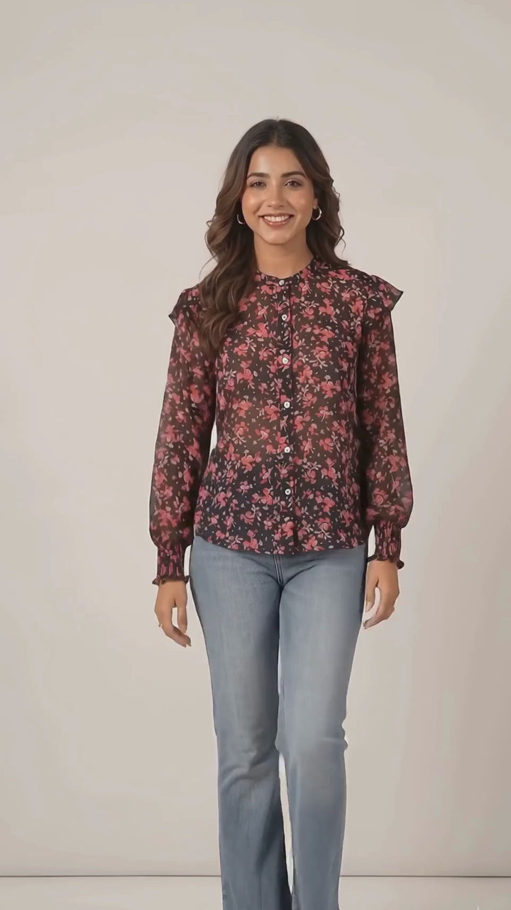 Red and Black Floral Sheer Shirt