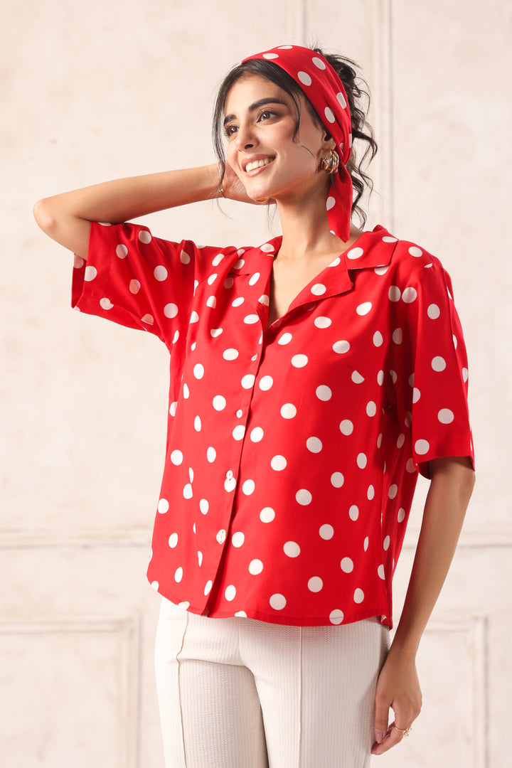 red polka dot print shirt fabric detail breathable material