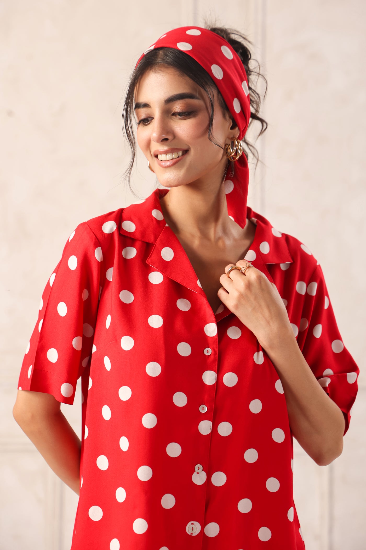 red polka dot print shirt fabric detail breathable material