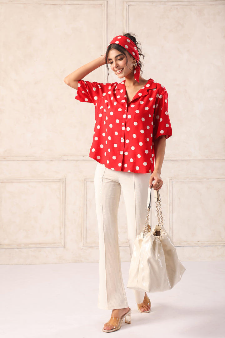 red polka dot shirt styled with jeans casual everyday outfit