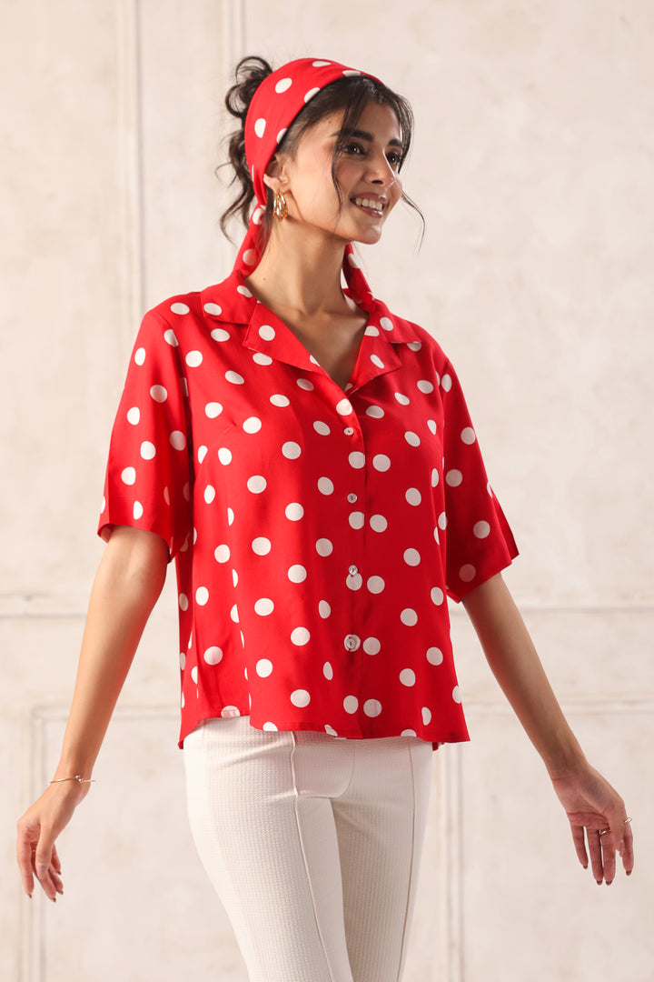 short sleeve red polka dot shirt casual wear detail