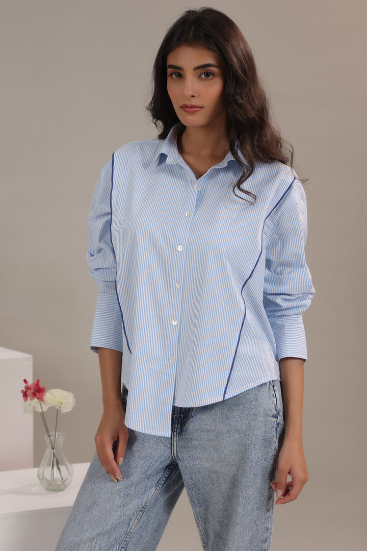 Striped shirt women featuring breathable cotton fabric and modern asymmetric length