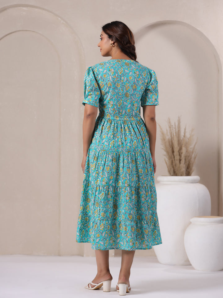 Back profile of sky blue cotton maxi dress with three-quarter sleeves.