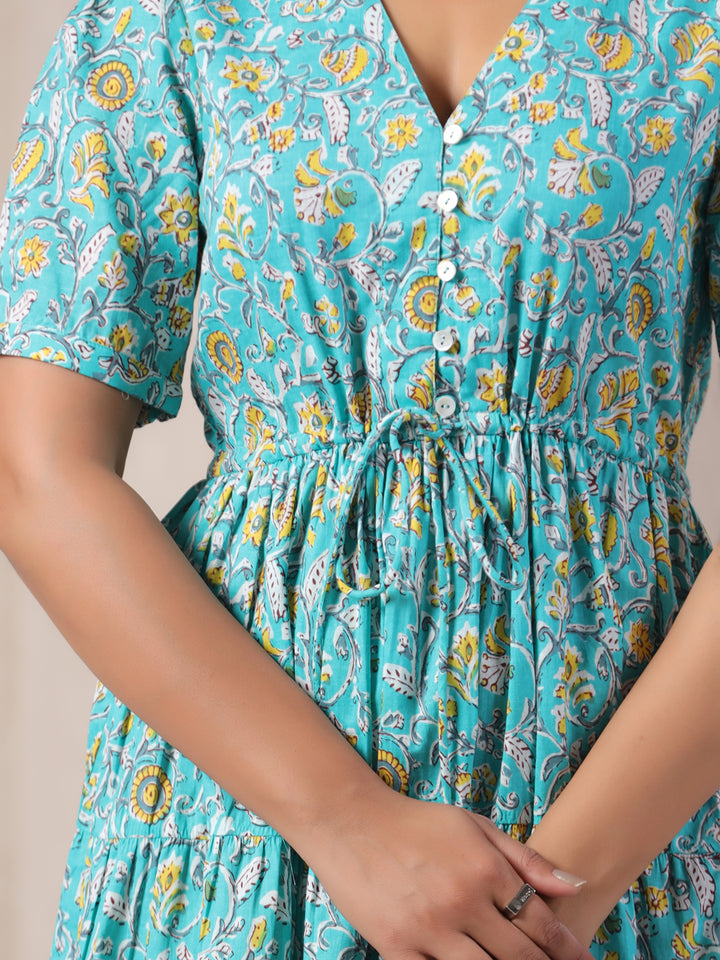 Detail of V-neckline and intricate floral jaal pattern on sky blue maxi dress.