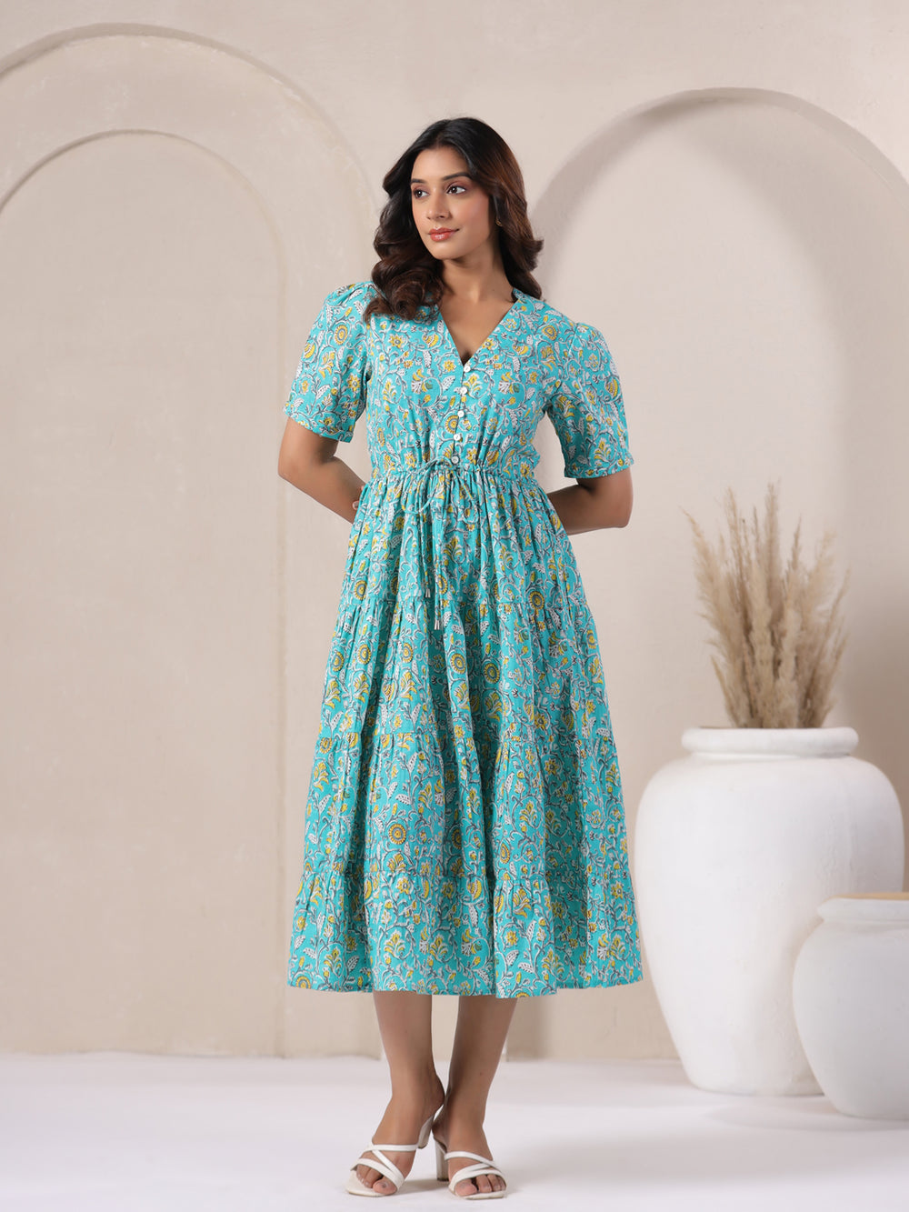 V-neck sky blue cotton maxi dress featuring ethnic paisley print for summer.