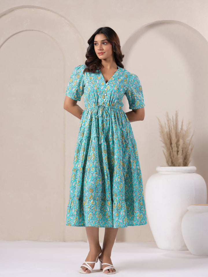V-neck sky blue cotton maxi dress featuring ethnic paisley print for summer.