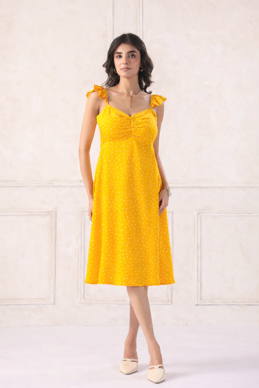 yellow polka dot midi dress for women front view